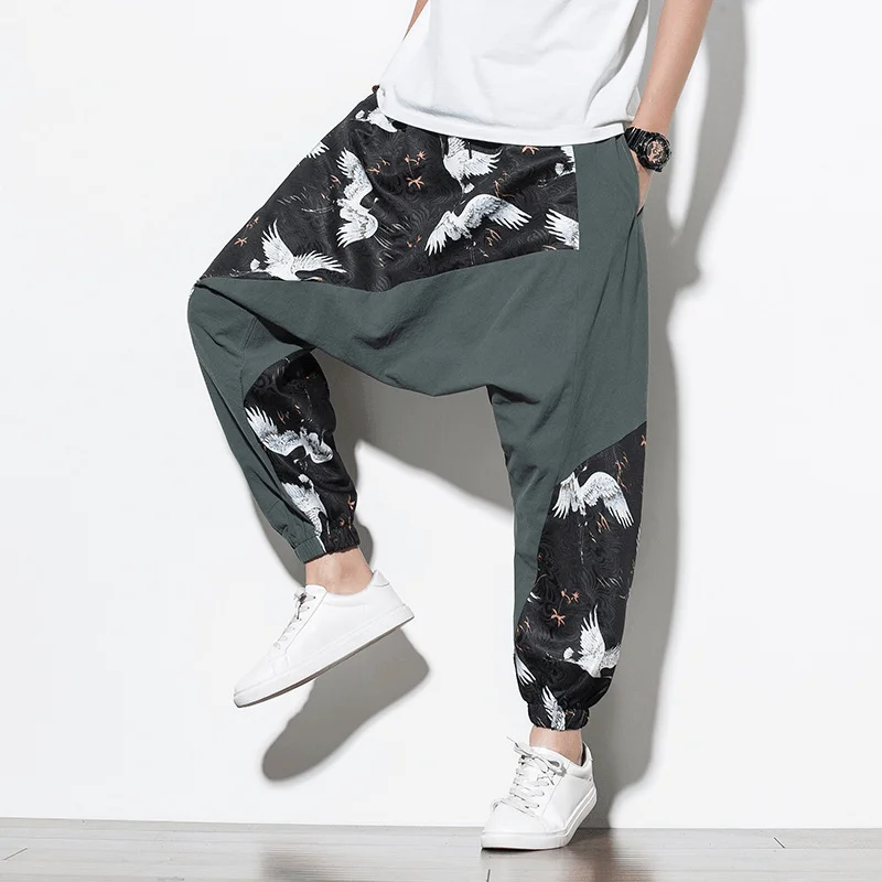 Chinese Style Crane Print Big Crotch Cotton and Linen Casual PantsMilitary Pants