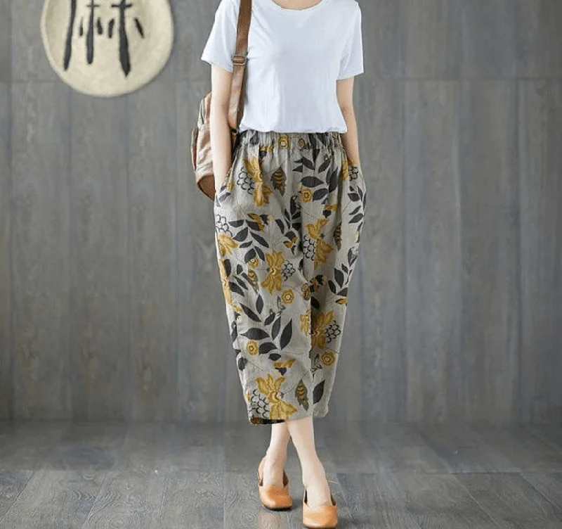 Art Harem Pants Are Thin, All-Match Female Printing Nine Points Cotton and LinenGauchos