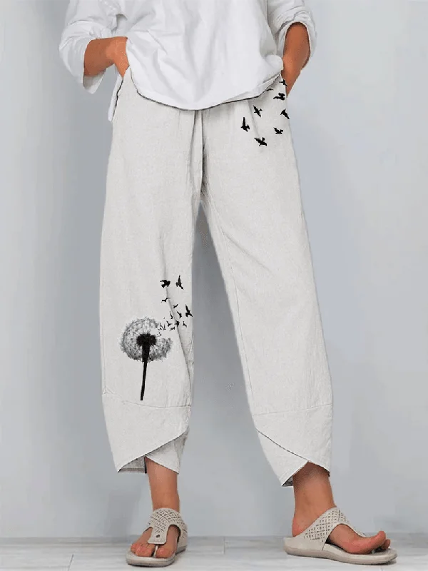 Butterfly Dandelions Flower Print Slit Hem Casual Pants with PocketCulottes