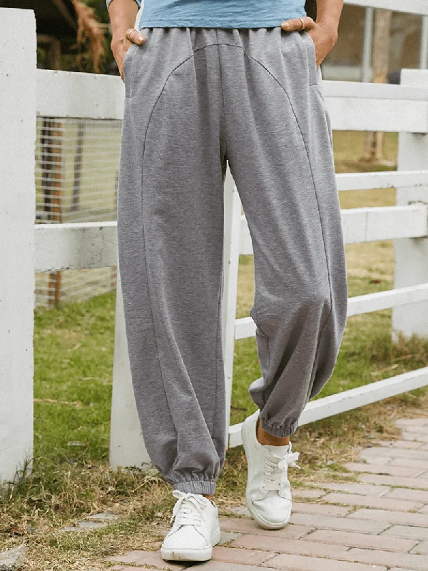 Women Solid Color Elastic Waist Casual Cuffed Sweatpants with PocketBell-bottoms