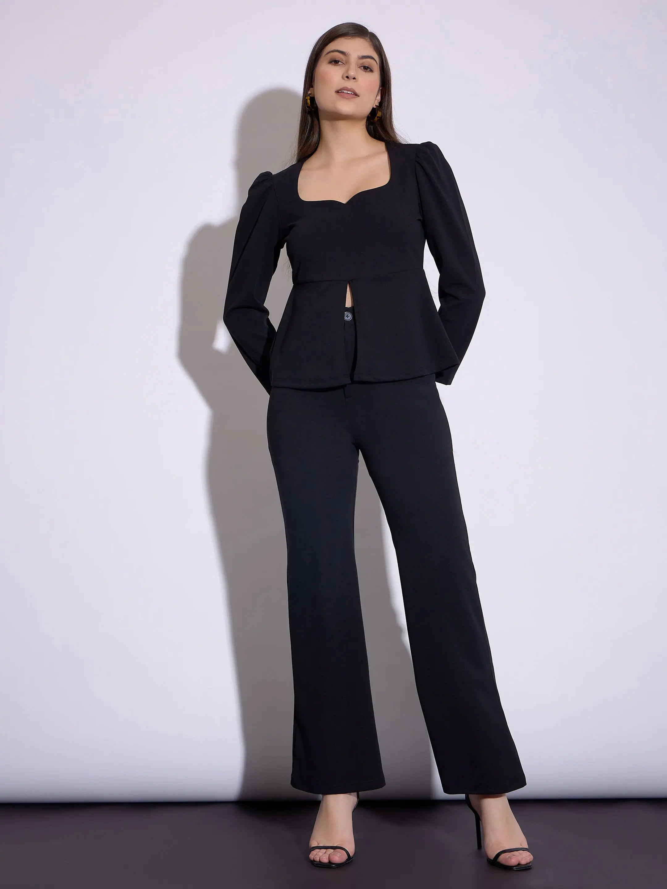 Women Black Peplum Top With Bell Bottom PantsJodhpurs