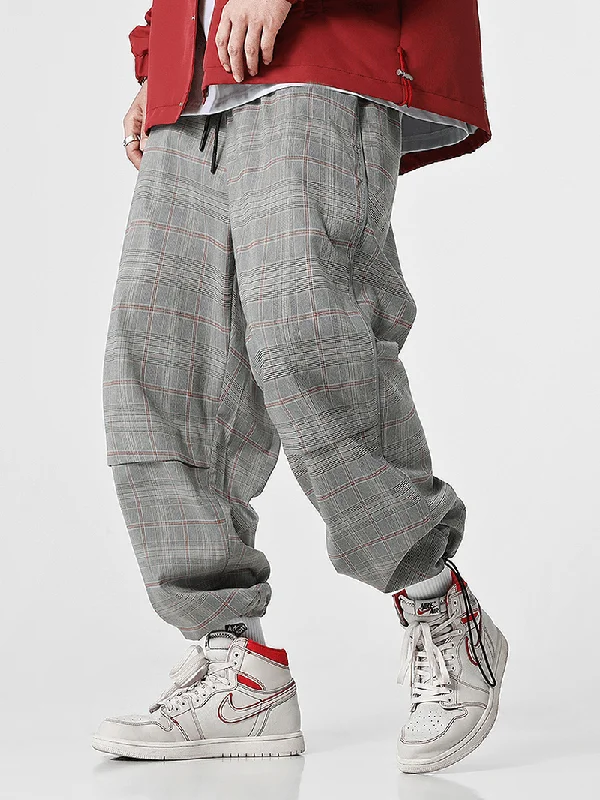 Mens Plaid Pleated Pocket Drawstring Cuff Casual PantsCamo Pants