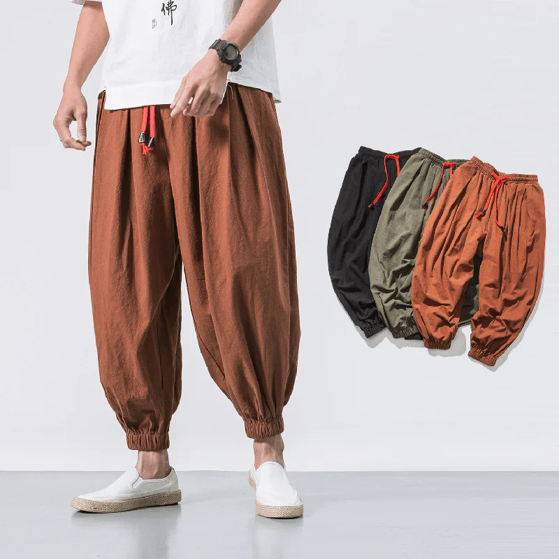 Four Seasons Cotton and Linen Trousers Loose Hanging Gear Men Flying Squirrel Pants MenRipped Jeans