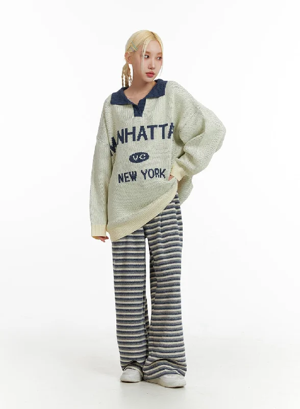 Cozy Striped Pants IF408Knit Collared