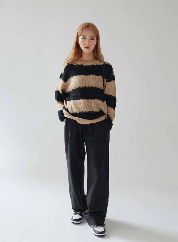 Stripped Distressed Knit Sweater F17Knitted Round Neck