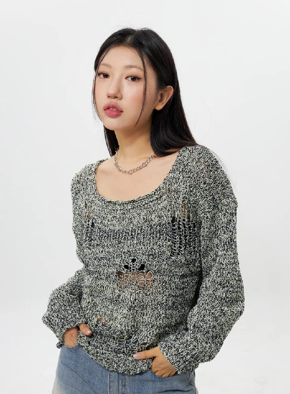 Ripped Sweater IY312Knit Collared