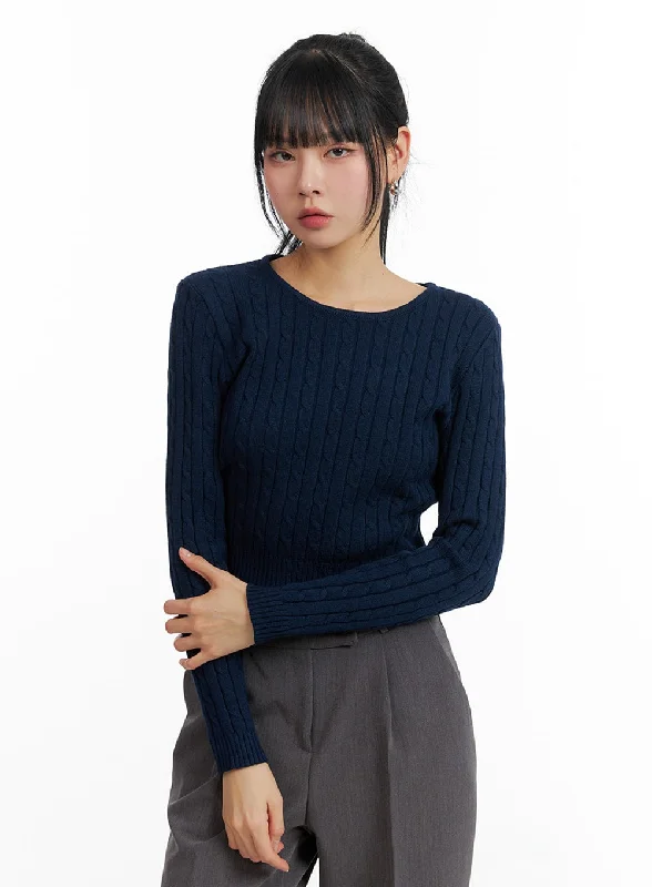 Round Neck Cable Knit Sweater IF402Knitted Spring