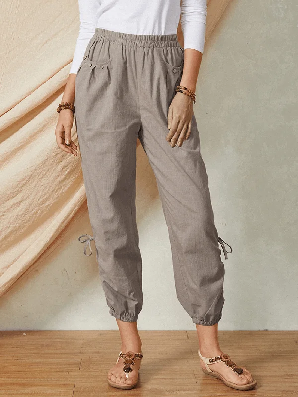 Solid Color Pocket Elastic Waist Drawstring Design Casual Cotton Women PantsWool Pants