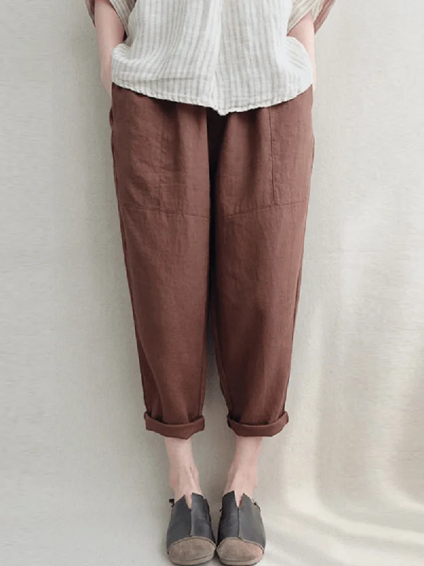 Women Vintage High Elastic Waist Solid Loose Cotton Harem PantsFormal Pants