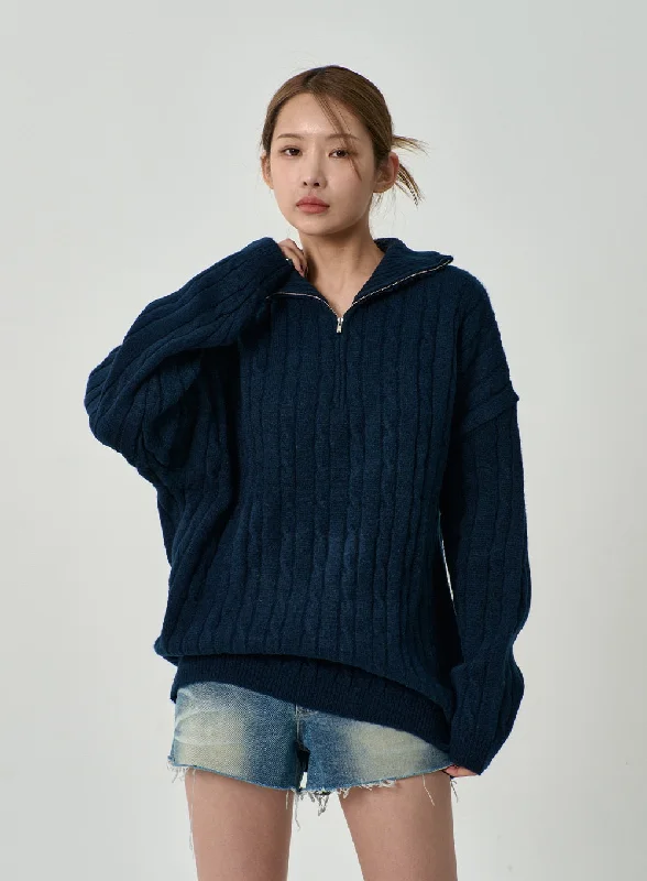 Twist Pattern Zip-Up Knit Unisex CD12Knit Pullover