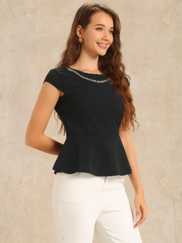 Round Neck Cap Sleeve Rhinestone Decor Peplum BlousePocket Shirts