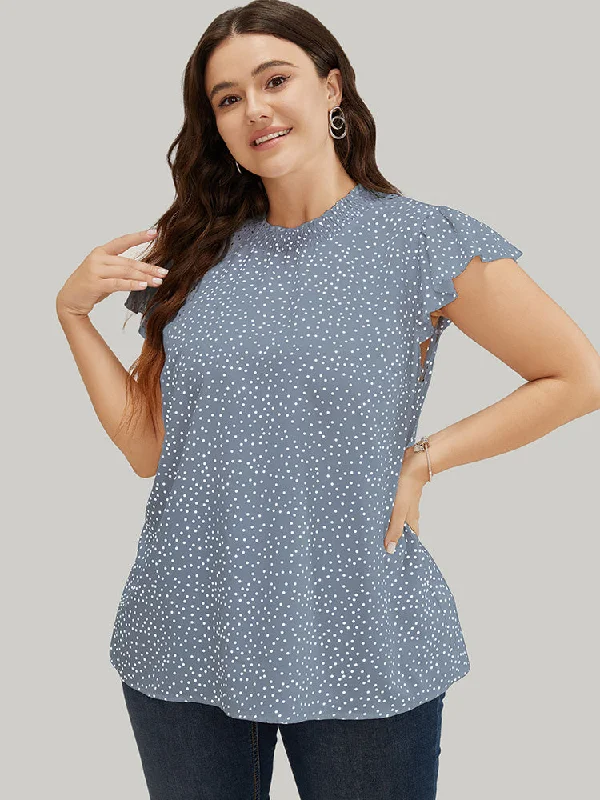 Polka Dot Shirred Mock Neck Cap Sleeve BlouseStatement Shirts