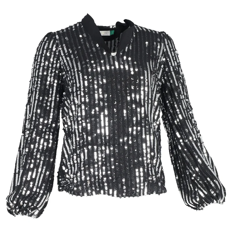 Rixo Moss Stripe Peasant Blouse in Black SequinsLimited Edition Shirts