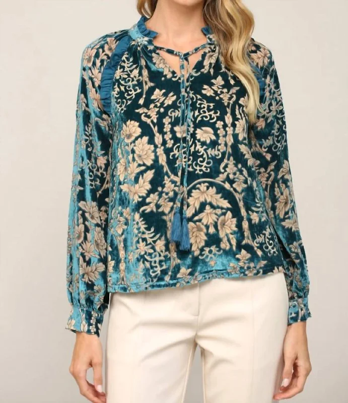 Burnout Velvet Blouse In TealBeaded Shirts