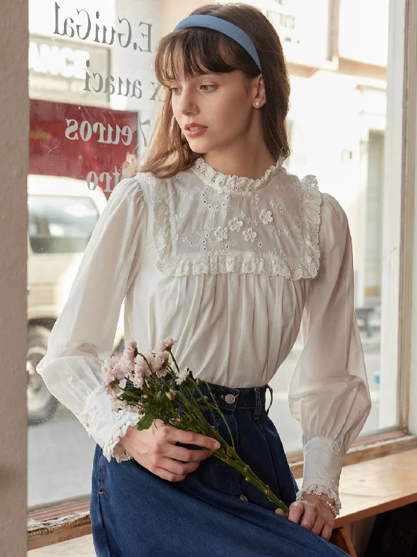 Keily Frill Trim Mock Neck Embroidered Cotton BlouseFringed Shirts