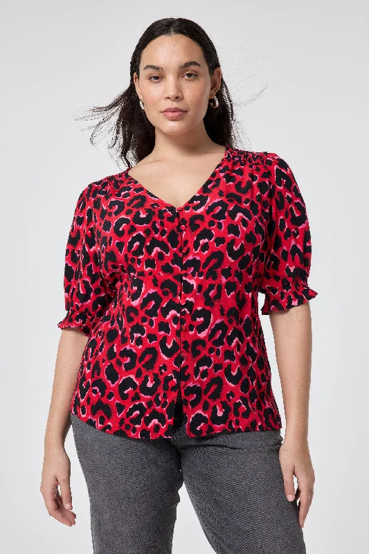 Red with Pink and Black Pop Leopard Button Through BlouseRibbed Cuff Shirts