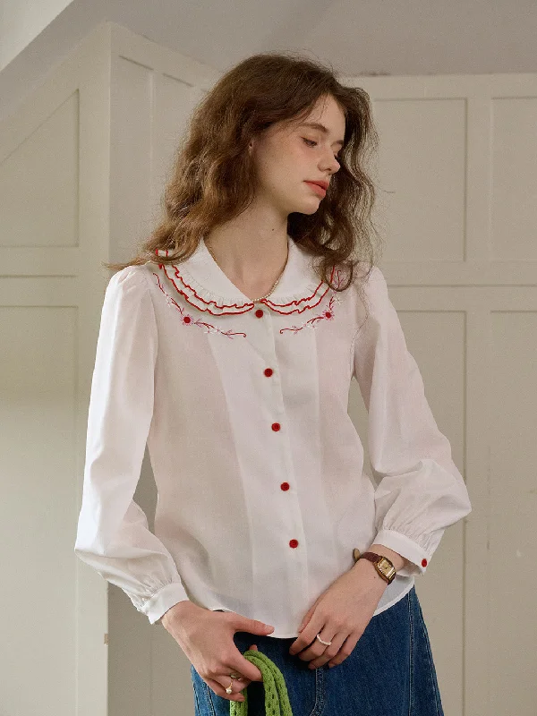 【Final Sale】Maren Peter Pan Collar Floral Embroidery Blouse - WhiteRelaxed Fit Shirts