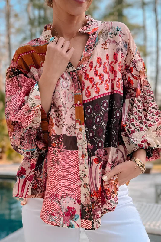 Patchwork Printed Notched Flounce Sleeve ShirtLace-Up Shirts