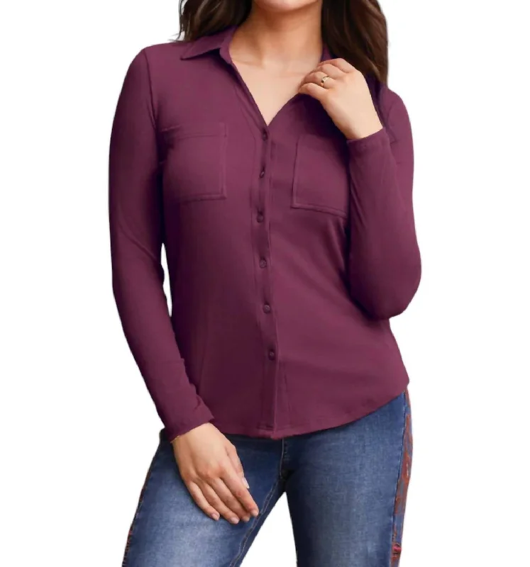 Soft Touch Mini Rib Button-Up Shirt In WineWool Shirts