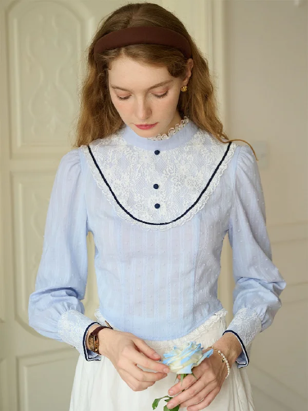 【Final Sale】Kaylee Sweet Mock Neck Lace Patchwork BlouseMetallic Shirts