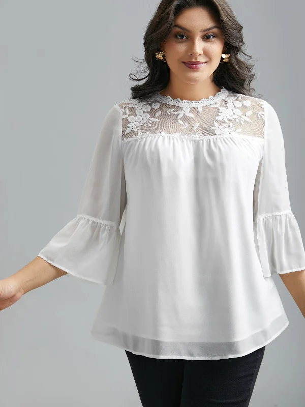 Dreamy Lace Neck Flared Sleeve Chiffon BlouseStreetwear Shirts