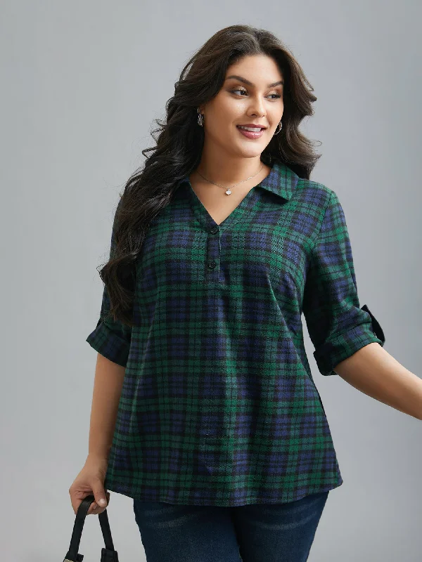 Plaid Print Tab Sleeve BlouseLuxury Shirts