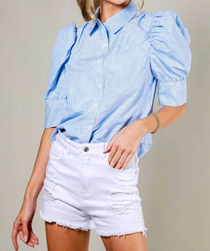 Shelby Collared Puff Sleeve Striped Blouse In BlueAsymmetrical Shirts