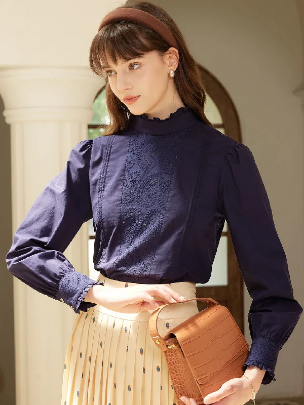 Maleah Mock Collar Embroidered Panel BlouseLeather-Paneled Shirts