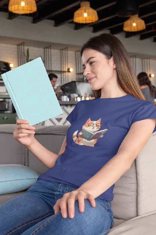 Cat Reading Books Printed T-shirt for womenCotton T-Shirts