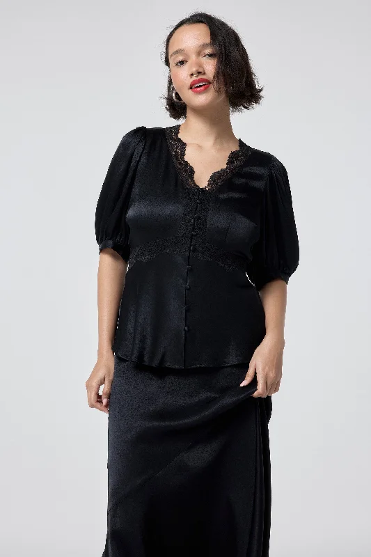 Black with Lace Trim Puff Sleeve Button Through BlouseEmbellished Shirts