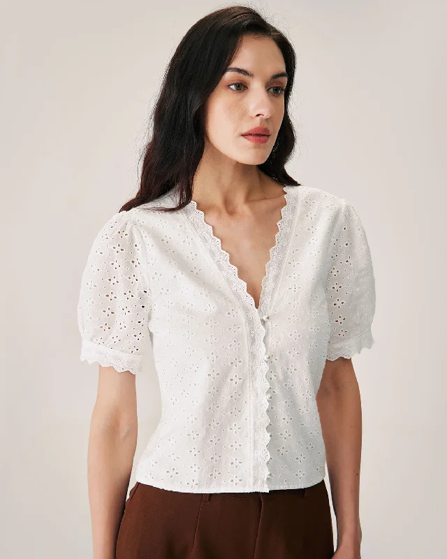 White Embroidery Puffed Sleeve BlouseSequined Shirts