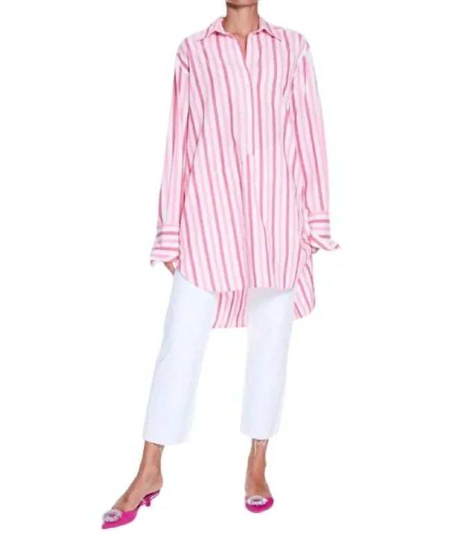 Avery Long Button Down Shirt In Pink, CreamRuffled Shirts