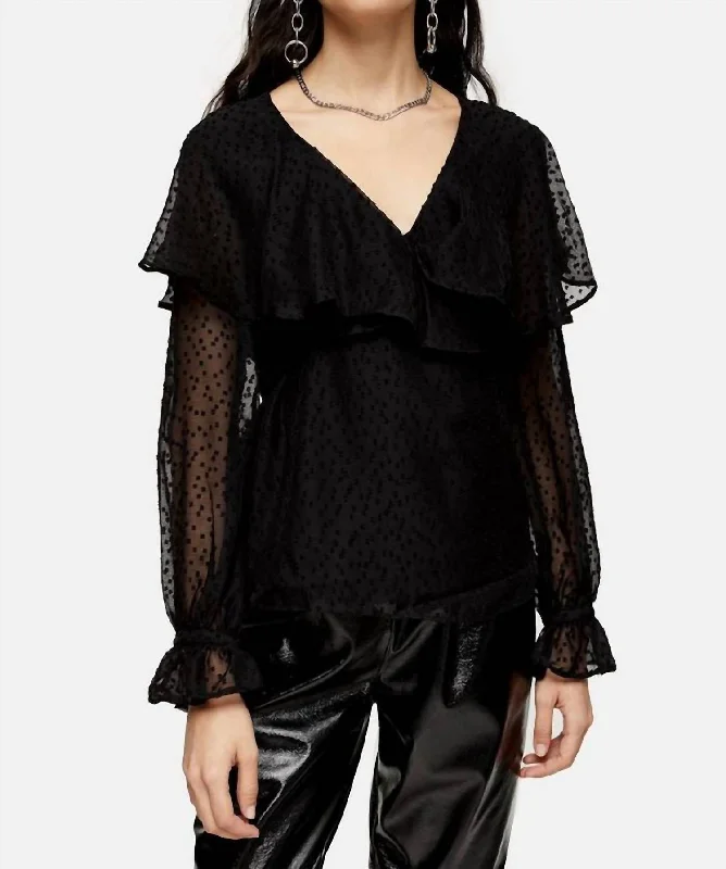 Dotted Sheer Chiffon Ruffle Waist Tie Blouse In BlackCropped Shirts