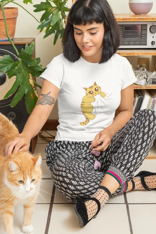 Cat Biting Printed T-shirt for womenCamping T-Shirts