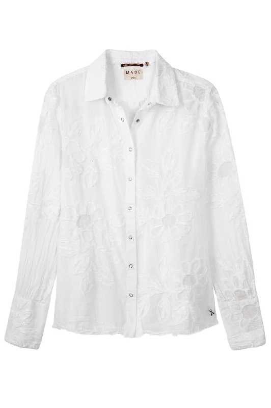 White Isla Flower Applique BlouseChambray Shirts