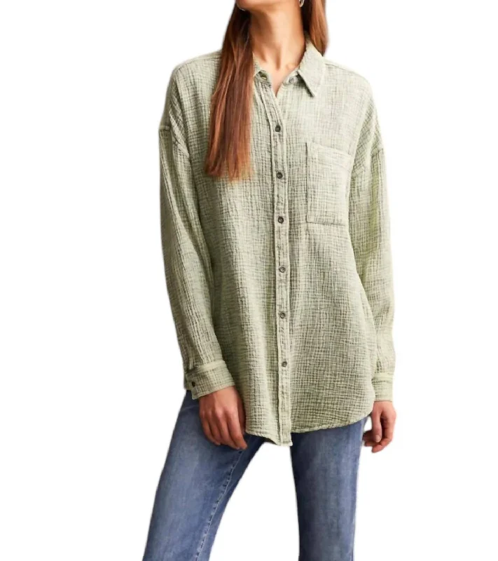 Waffle Button Down Shirt In Clover LeafPolyester Shirts