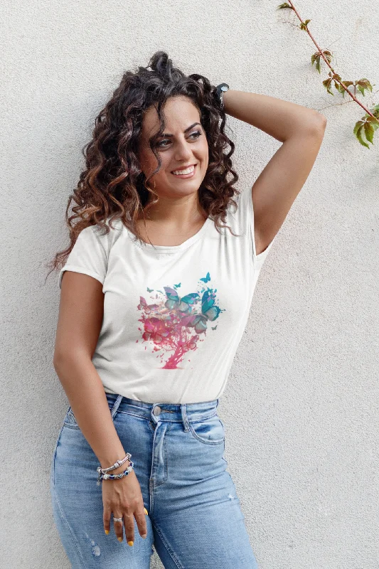 Butterfly Tree Printed Scoop Neck T-shirt for womenYoga T-Shirts