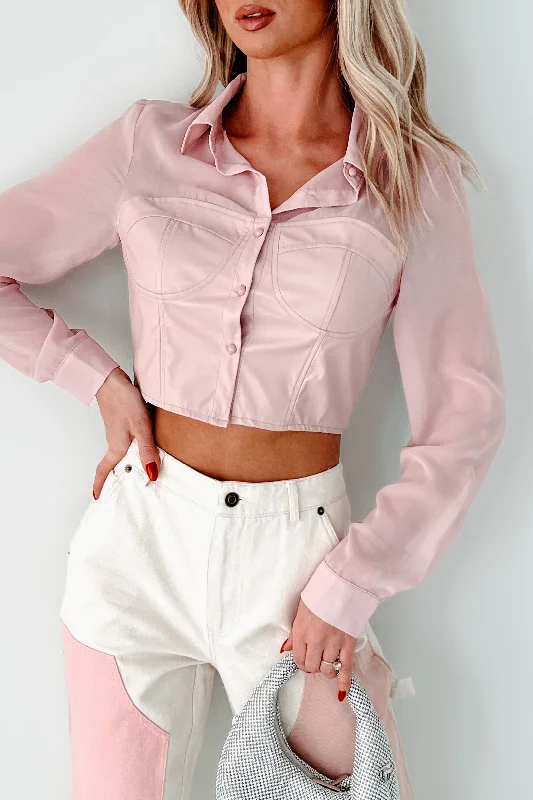 Sheer Passion Faux Leather Blouse (Pink)Leather-Paneled Shirts