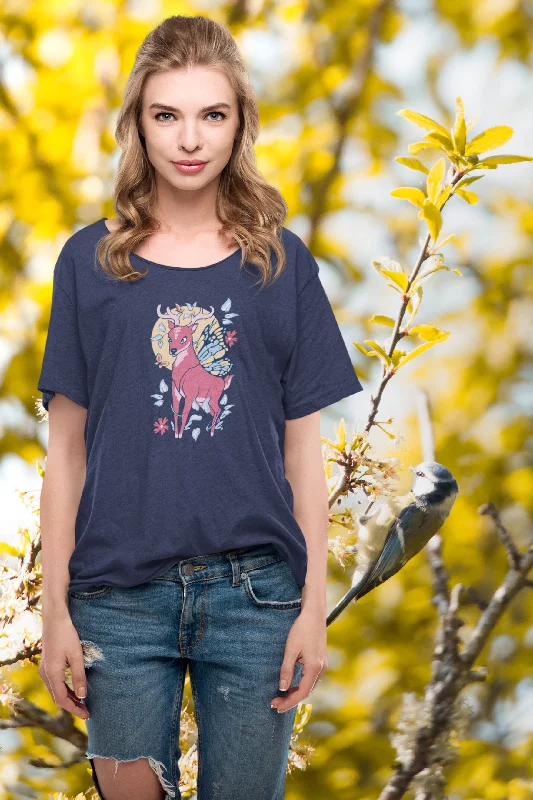 Fairy Deer Printed Scoop Neck T-shirt for womenEmbroidered T-Shirts