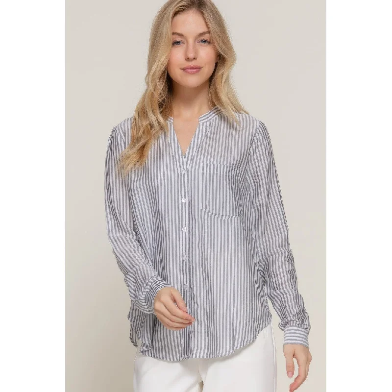 Long Slv Split Round Neck Stripe Woven ShirtAsymmetrical Shirts