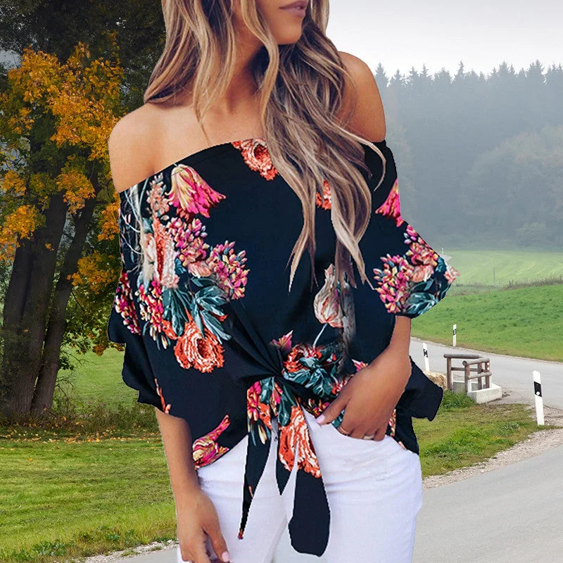 Women Floral Printing Off Shoulder Casual BlouseLongline Shirts