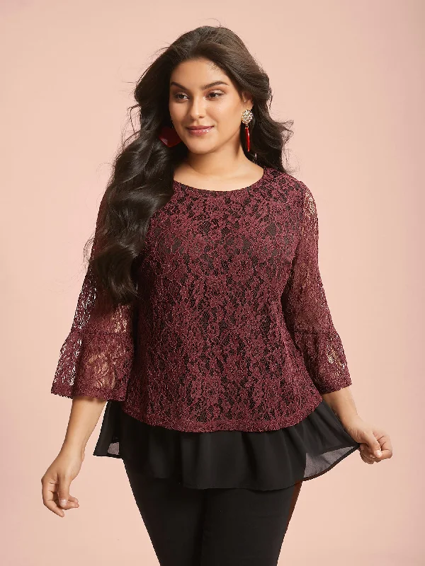 Round Neck Contrast Lace Ruffled Sleeve BlouseCollege Shirts