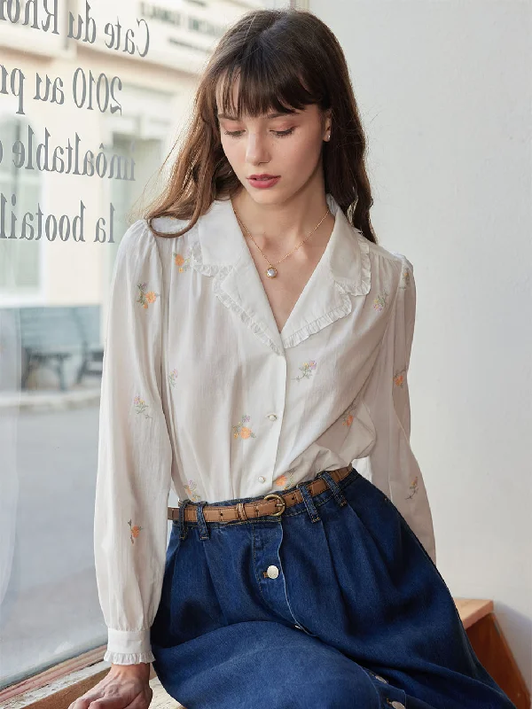 【Final Sale】Elsa Daisy Embroidered Lapel Collar Cotton BlouseLayered Shirts