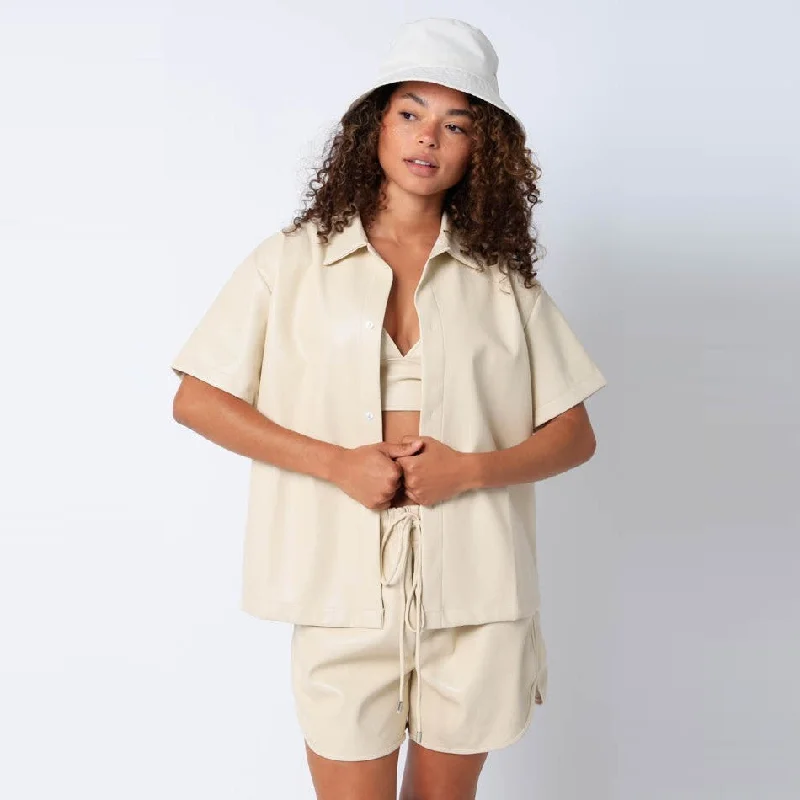 PU Button Down Shirt (Cream)Cropped Shirts