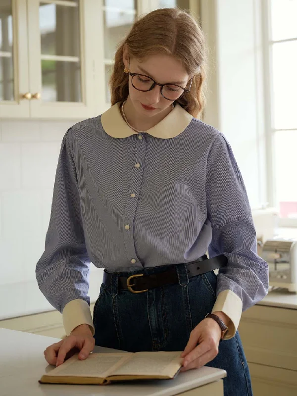 Luz Blue & White Striped Peter Pan Collar Contrast Cotton ShirtPocket Shirts