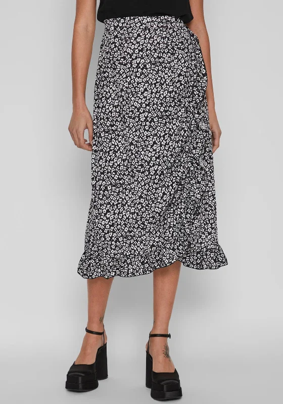 Modern SkirtVila Ditsy Floral Wrap Midi Skirt, Black