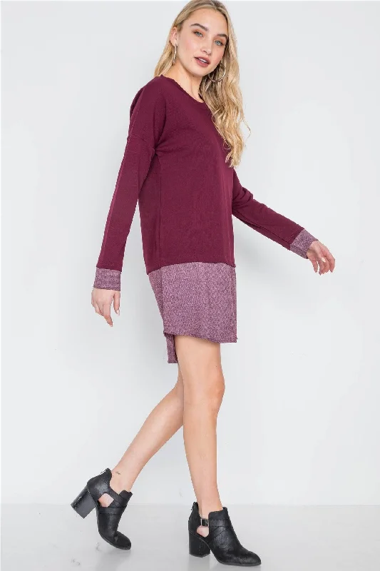 Wine Knit Combo Long Sleeve Sweater Dress /2-2Skateboard Knit Tops