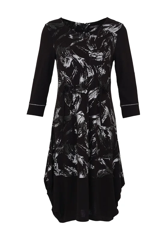 Dirndl DressDolcezza Brush Stroke Print Tie Waist Midi Dress, Black