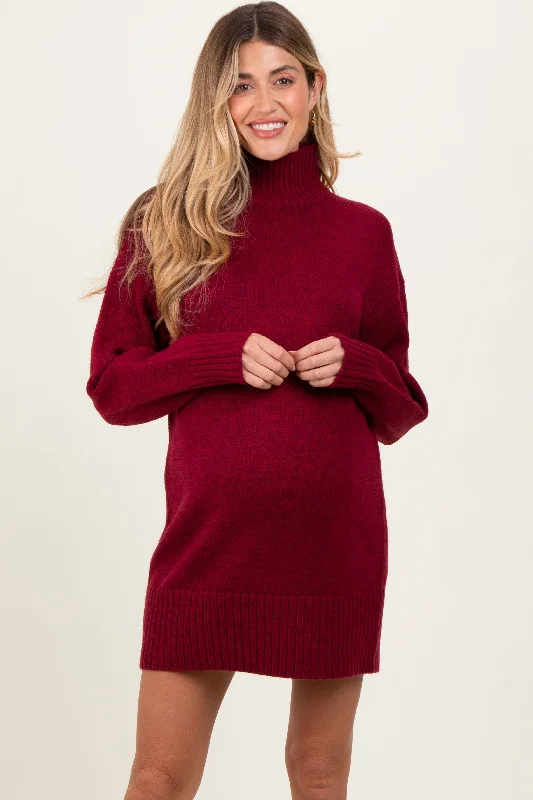 Burgundy Turtle Neck Maternity Mini Sweater DressRetro Knit Tops