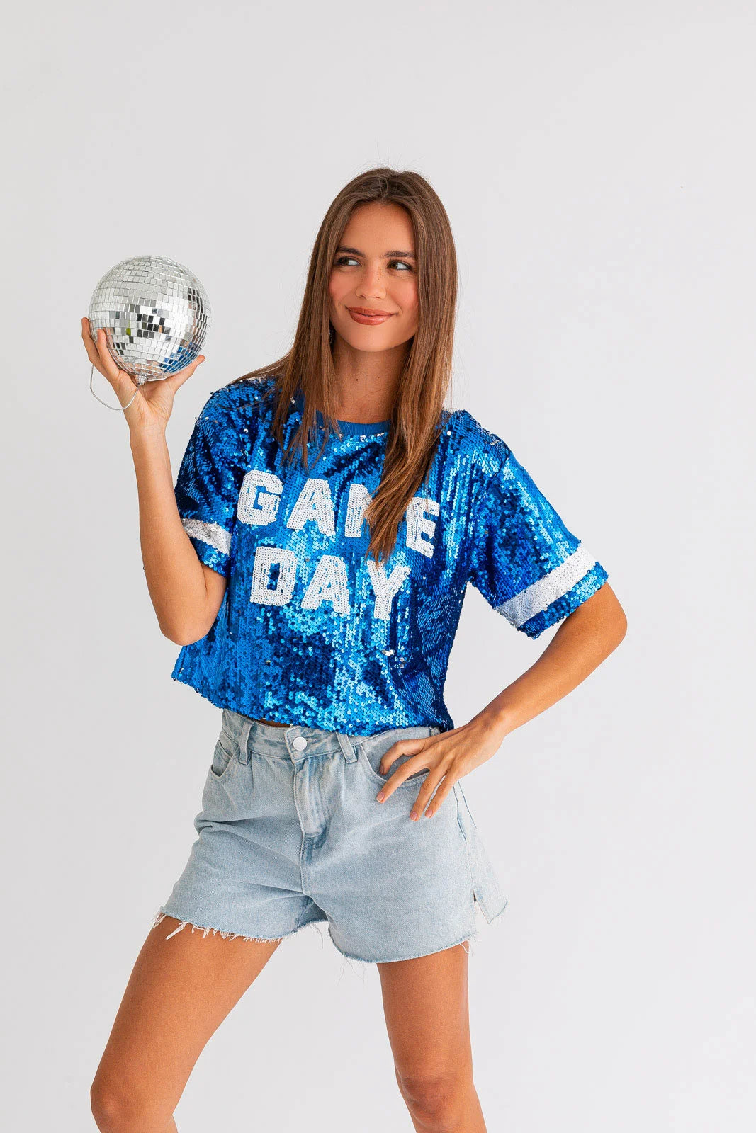 Mesh Short Sleeve Tops"Game Day" Sequins Cropped Short Sleeve Top